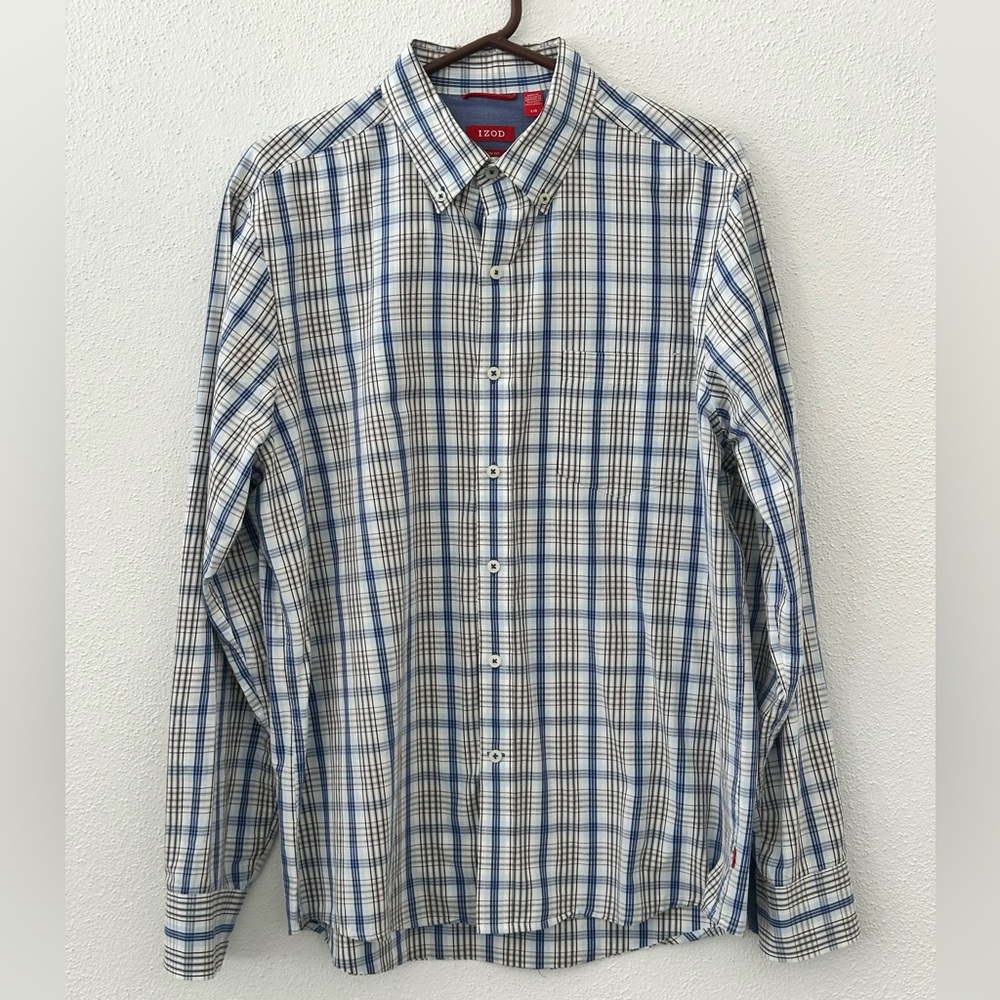 Izod Men’s Long Sleeve Button Down Blue Grey -Size Large